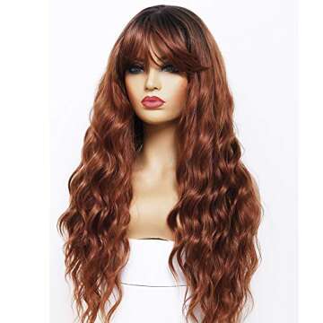 ANDRIA Ombre Red Brown Curly Bangs Wig for Women