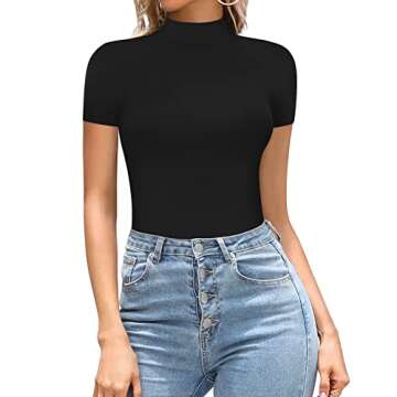 MANGOPOP Women's Mock Turtle Neck Body Suits Short Sleeve Bodysuit Basic T shirts Leotard Clothing