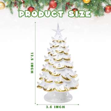 12.6-Inch Ceramic Christmas Tree with LED Lights, Battery Operated Pre-lit White and Gold Tabletop H...