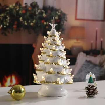 12.6-Inch Ceramic Christmas Tree with LED Lights, Battery Operated Pre-lit White and Gold Tabletop Holiday Decor, Small Light-Up Christmas Ornament for Home and Office