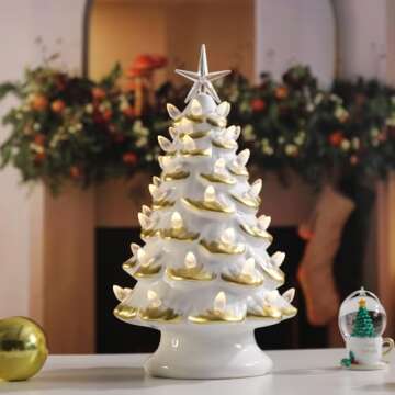 12.6-Inch Ceramic Christmas Tree with LED Lights, Battery Operated Pre-lit White and Gold Tabletop Holiday Decor, Small Light-Up Christmas Ornament for Home and Office