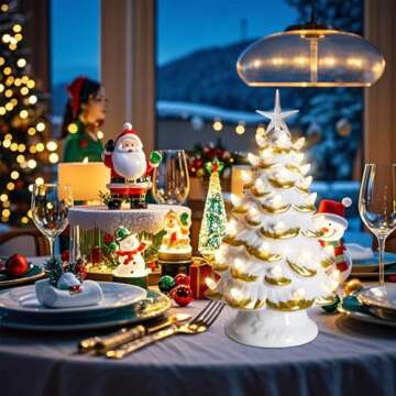 12.6-Inch Ceramic Christmas Tree with LED Lights, Battery Operated Pre-lit White and Gold Tabletop Holiday Decor, Small Light-Up Christmas Ornament for Home and Office