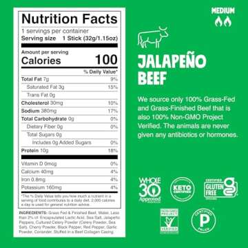 Chomps Grass-Fed and Finished Jalapeño Beef Jerky Snack Sticks 24-Pack - Keto, Paleo, Whole30, 10g ...