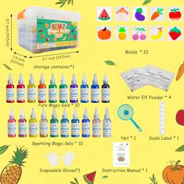 Magic Water Elf Toy Kit, Aqua Fairy Water Gel Kit with 20 Magic Gels, 10 Fruit & Vegetable Molds. Christmas Gifts, Birthday Gifts, Party Favors, Arts & Crafts DIY STEM for Kids (20 Colors)