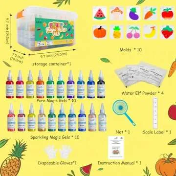 Magic Water Elf Toy Kit, Aqua Fairy Water Gel Kit with 20 Magic Gels, 10 Fruit & Vegetable Molds. Christmas Gifts, Birthday Gifts, Party Favors, Arts & Crafts DIY STEM for Kids (20 Colors)