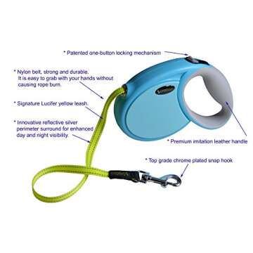 GreEco Retractable Dog Leash, Belt Leash, Ergonomic Handle, 13 Ft for Small to Middle Dog, Lucifer Yellow Leash, Innovative Reflective Silver Perimeter Leash, Blue