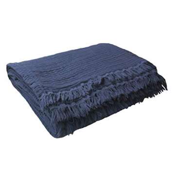 100% Organic Cotton 55"x60" Muslin Throw Blanket for Couch, Adult, Hand-Plant Dyed, Breathable Soft, Cozy, Lightweight Summer Gauze Blanket, All Season (Navy Blazer Blue)