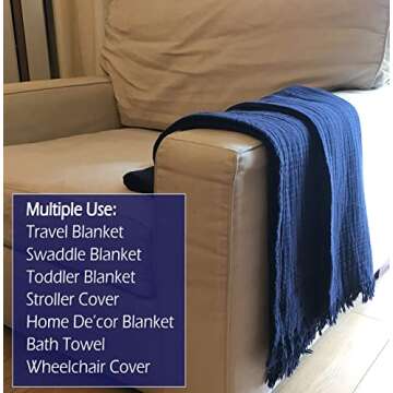 100% Organic Cotton 55"x60" Muslin Throw Blanket for Couch, Adult, Hand-Plant Dyed, Breathable Soft, Cozy, Lightweight Summer Gauze Blanket, All Season (Navy Blazer Blue)