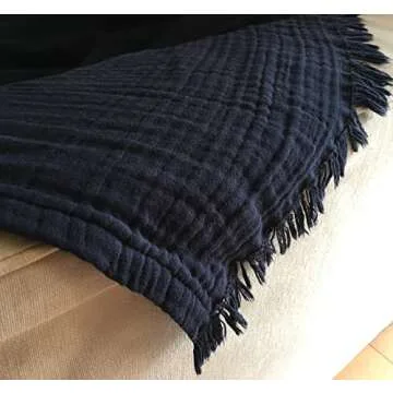 Organic Cotton Muslin Throw Blanket - Navy Blue, All Season Comfort