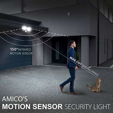 Amico LED Solar Security Light Motion Sensor Outdoor, Waterproof Solar Lights Outdoor with Motion Sensor, 3000mAh Lithium Battery 1000LM 5000K Daylight Brightness, Adjustable Heads Solar Powered Flood