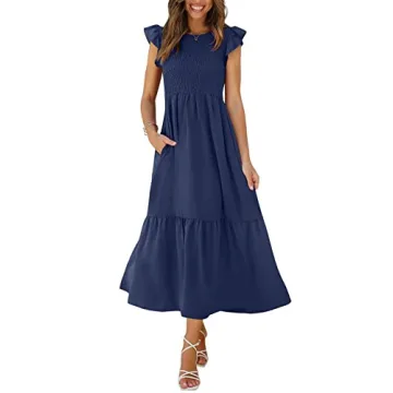 OFEEFAN Casual Dress - Women's Tiered Maxi Dress with Pockets in Navy Blue