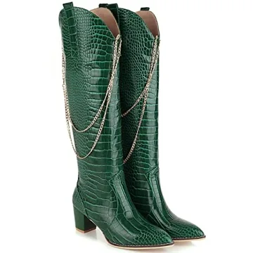 LEHOOR Women Green Chunky Heel Knee High Western Boots with Gold Chain & V-Cut for Wide Calf