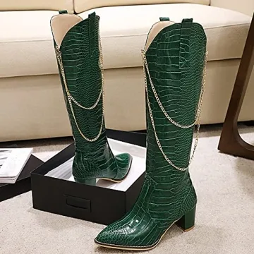 LEHOOR Green Chunky Heel Knee High Western Boots
