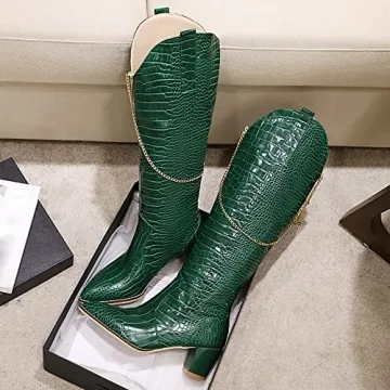 LEHOOR Green Chunky Heel Knee High Western Boots