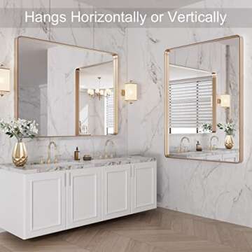 LOAAO 40”X30” Gold Bathroom Mirror, Rounded Rectangle Gold Frame Mirror, Brushed Gold Bathroom Vanity Mirror Wall-Mounted, Anti-Rust, Tempered Glass, Hangs Horizontally or Vertically
