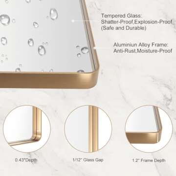 LOAAO 40”X30” Gold Bathroom Mirror, Rounded Rectangle Gold Frame Mirror, Brushed Gold Bathroom Vanity Mirror Wall-Mounted, Anti-Rust, Tempered Glass, Hangs Horizontally or Vertically