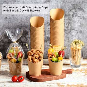 60 Sets Disposable Charcuterie Cups with Sticks and Bags, 14 oz Brown Kraft Paper Snack Boxes Appetizers Cup French Fry Holder with Cocktail Skewers Toothpicks Tooth Picks(60 Cups+60 Bags+200 Sticks)