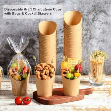 60 Sets Disposable Charcuterie Cups with Sticks and Bags, 14 oz Brown Kraft Paper Snack Boxes Appetizers Cup French Fry Holder with Cocktail Skewers Toothpicks Tooth Picks(60 Cups+60 Bags+200 Sticks)