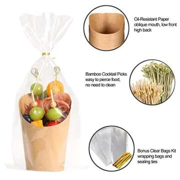 60 Sets Disposable Charcuterie Cups with Sticks and Bags, 14 oz Brown Kraft Paper Snack Boxes Appetizers Cup French Fry Holder with Cocktail Skewers Toothpicks Tooth Picks(60 Cups+60 Bags+200 Sticks)
