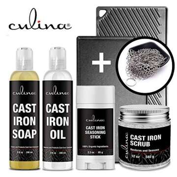 Culina Cast Iron Seasoning Stick & Soap & Oil Conditioner & Restoring Scrub & Stainless Scrubber | A...