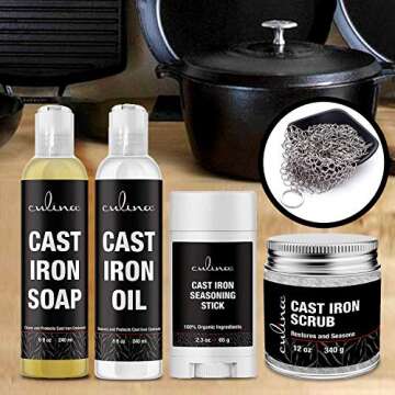 Culina Cast Iron Seasoning Stick & Soap & Oil Conditioner & Restoring Scrub & Stainless Scrubber | All Natural Ingredients | Best for Cleaning, Non-stick Cooking & Restoring | Cast Iron Cookware
