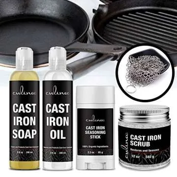 Culina Cast Iron Seasoning Stick & Soap & Oil Conditioner & Restoring Scrub & Stainless Scrubber | All Natural Ingredients | Best for Cleaning, Non-stick Cooking & Restoring | Cast Iron Cookware