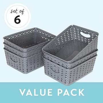 Generic LARQUE 6 Plastic Storage Bins 10.2 x 7.3 x 3.9 inches, Small Weave Organizer Bins with Integ...