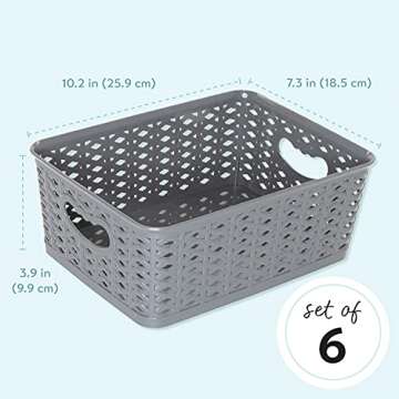 Generic LARQUE 6 Plastic Storage Bins 10.2 x 7.3 x 3.9 inches, Small Weave Organizer Bins with Integrated Handles for Home, KitchenPantry, Craft Room, Bookshelf Organization, and Office