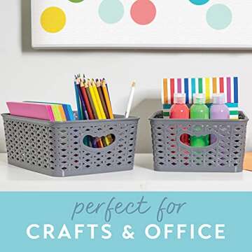 Generic LARQUE 6 Plastic Storage Bins 10.2 x 7.3 x 3.9 inches, Small Weave Organizer Bins with Integrated Handles for Home, KitchenPantry, Craft Room, Bookshelf Organization, and Office