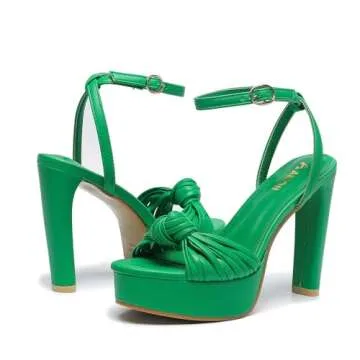 Amoji Women's Heels 4 Inch Platform Heels Ankle Strap Heels Chunky Heels For Women Dressy Heeled Sandals 319 Green Heels Size 8.5 women
