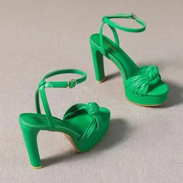 Amoji Women's Heels 4 Inch Platform Heels Ankle Strap Heels Chunky Heels For Women Dressy Heeled Sandals 319 Green Heels Size 8.5 women