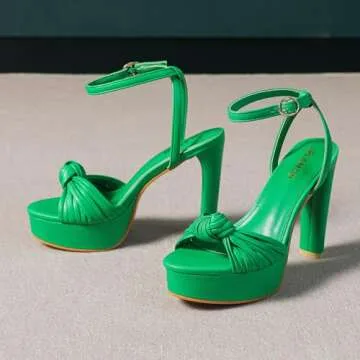 Amoji Women's Heels 4 Inch Platform Heels Ankle Strap Heels Chunky Heels For Women Dressy Heeled Sandals 319 Green Heels Size 8.5 women