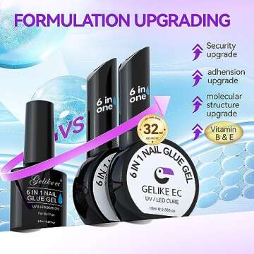 Gelike EC Gel Nail Glue UV Light: 2 Pcs 6 in 1 Adhesive Gel Nail Polish, Strong Nail Glue for Press ...