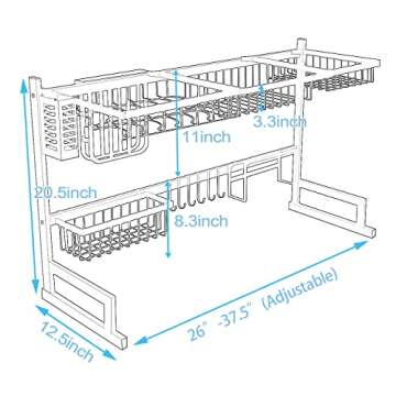 PUSDON Over Sink Dish Drying Rack Stainless Steel, Adjustable Large Dish Drainer for Storage Kitchen Organization Black 2 Tier - Standard(26"-38")