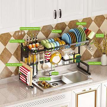 PUSDON Over Sink Dish Drying Rack Stainless Steel, Adjustable Large Dish Drainer for Storage Kitchen Organization Black 2 Tier - Standard(26"-38")