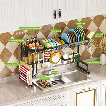 PUSDON Over Sink Dish Drying Rack Stainless Steel, Adjustable Large Dish Drainer for Storage Kitchen Organization Black 2 Tier - Standard(26"-38")