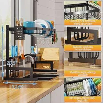 PUSDON Over Sink Dish Drying Rack Stainless Steel, Adjustable Large Dish Drainer for Storage Kitchen Organization Black 2 Tier - Standard(26"-38")
