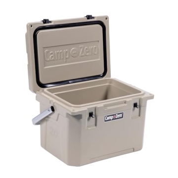 CAMP-ZERO 21 Quart Rotomolded Hard Cooler - Insulated Ice Chest with 4 Cup Holders - Bear-Proof Travel Ice Box for Beverage, Drink, BBQ, Fishing, Camping, Outdoor, Beige