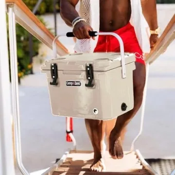 CAMP-ZERO 21 Quart Rotomolded Hard Cooler - Insulated Ice Chest with 4 Cup Holders - Bear-Proof Travel Ice Box for Beverage, Drink, BBQ, Fishing, Camping, Outdoor, Beige