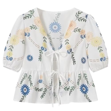 Yimoon Women's Y2K Bow Tie Front Babydoll Blouse Puff Short Sleeve Peplum Ruffle Hem Summer Going Ou...