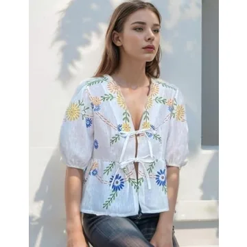 Yimoon Women's Y2K Bow Tie Front Babydoll Blouse Puff Short Sleeve Peplum Ruffle Hem Summer Going Out Tops (Yellow-S)