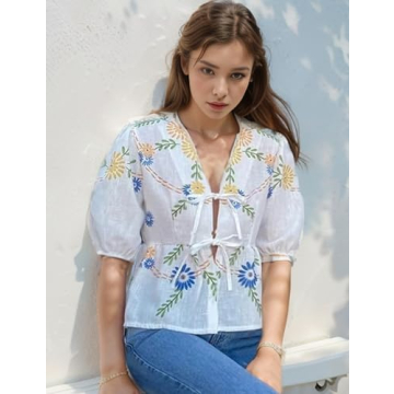 Yimoon Women's Y2K Bow Tie Front Babydoll Blouse Puff Short Sleeve Peplum Ruffle Hem Summer Going Out Tops (Yellow-S)