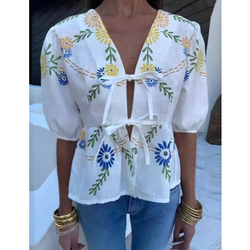 Yimoon Women's Y2K Bow Tie Front Babydoll Blouse Puff Short Sleeve Peplum Ruffle Hem Summer Going Out Tops (Yellow-S)