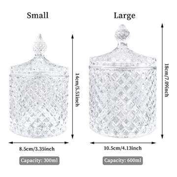 FHDUSRYO 2Pcs Crystal Diamond Faceted Jar with Lid, Glass Sugar Bowl Decorative Candy Jars, Diamond Candy Dish, Crystal Cookie Tin Biscuit Barrel, Buffet Container, Qtip Holder for Home (10 oz+20oz)