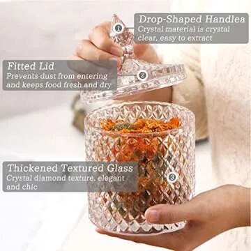 FHDUSRYO 2Pcs Crystal Diamond Faceted Jar with Lid, Glass Sugar Bowl Decorative Candy Jars, Diamond Candy Dish, Crystal Cookie Tin Biscuit Barrel, Buffet Container, Qtip Holder for Home (10 oz+20oz)