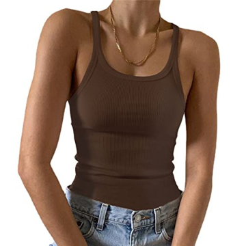 Artfish Women’s Sleeveless Full Tank Top - Form Fitting Scoop Neck Ribbed Cami in Mocha Brown
