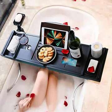 Bathtub Tray Bathtub Shelf Extendable Bathtub Shelf with Bamboo Bookshelf and soap Tray 1 or 2 Person Bath and Bed Tray