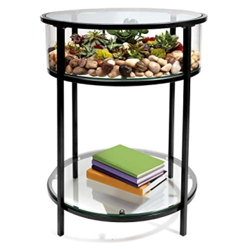D'Eco Round Terrarium Display End Table w Reinforced Glass in Black Iron - 20" Diameter, 26.5" Heigh...