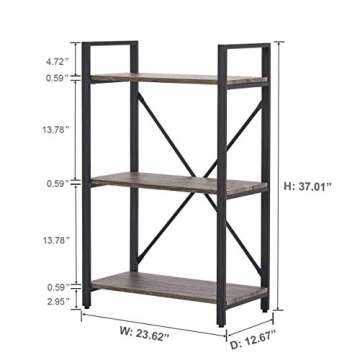 BON AUGURE 3 Tier Bookshelf, Small Rustic Book Shelf, Short Industrial Bookcase, Wood Metal Standing...