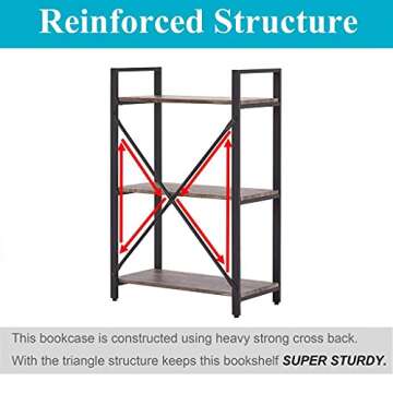 BON AUGURE 3 Tier Bookshelf, Small Rustic Book Shelf, Short Industrial Bookcase, Wood Metal Standing Etagere for Office, Bedroom and Living Room (Dark Gray Oak)